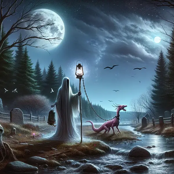 Eerie atmosphere of with ghostly hooded apparition with a staff and lantern with a chain attached to a small pink dragon at the legend-shrouded Saco River.